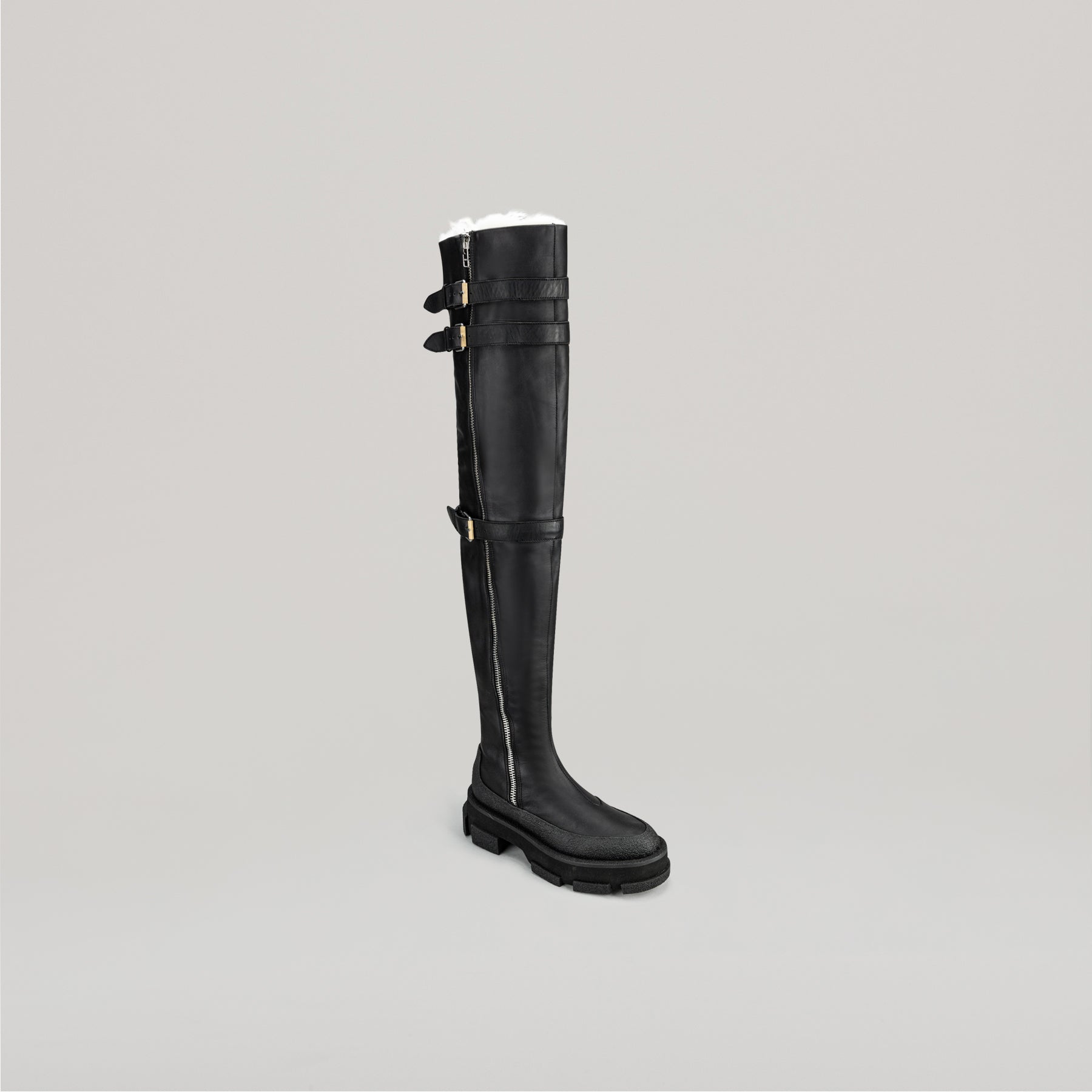 both X DION LEE-GAO PLATFORM THIGH HIGH SHEARLING BOOTS - BLACK