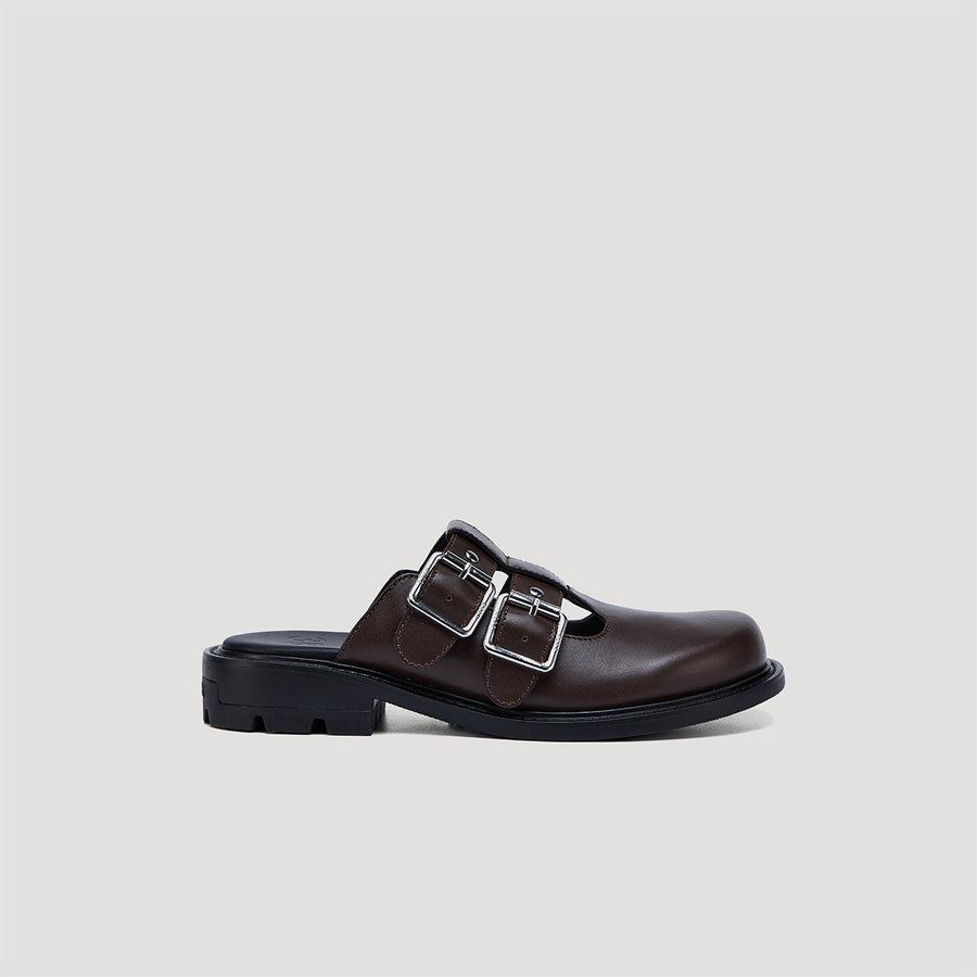 RE:RE Maryjane mules in brown and black with cushioned sole and secure strap for all-day comfort