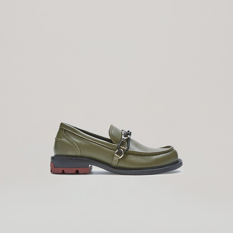 Brown and grey RE:RE moccasin loafer with unisex design