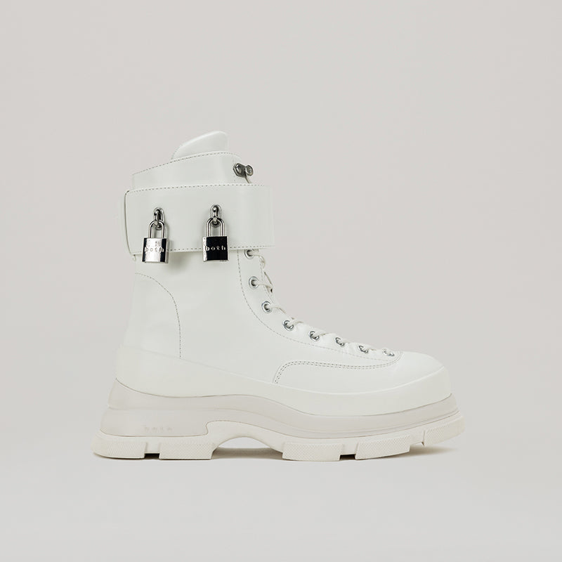 White GAO EVA HIGH BOOTS with detachable strap and padlocks, made from high-quality PU pleather