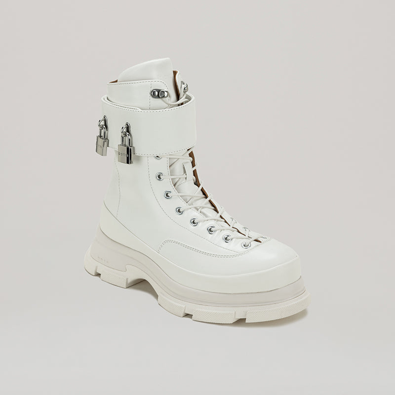White GAO EVA HIGH BOOTS with detachable strap and padlocks made of high-quality PU pleather