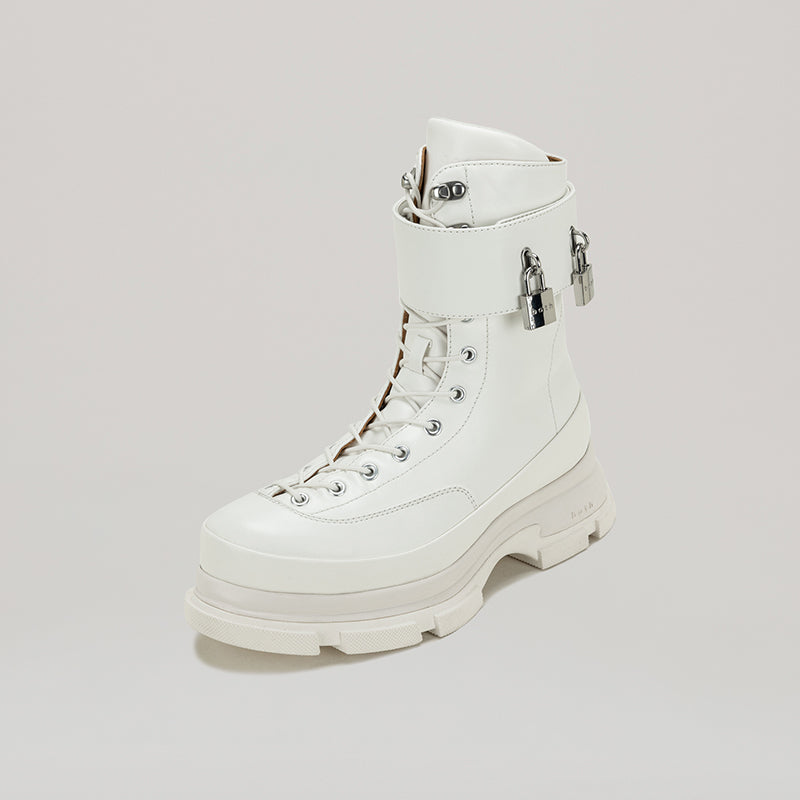White GAO EVA HIGH BOOTS with detachable strap and padlocks, stylish and durable PU pleather design