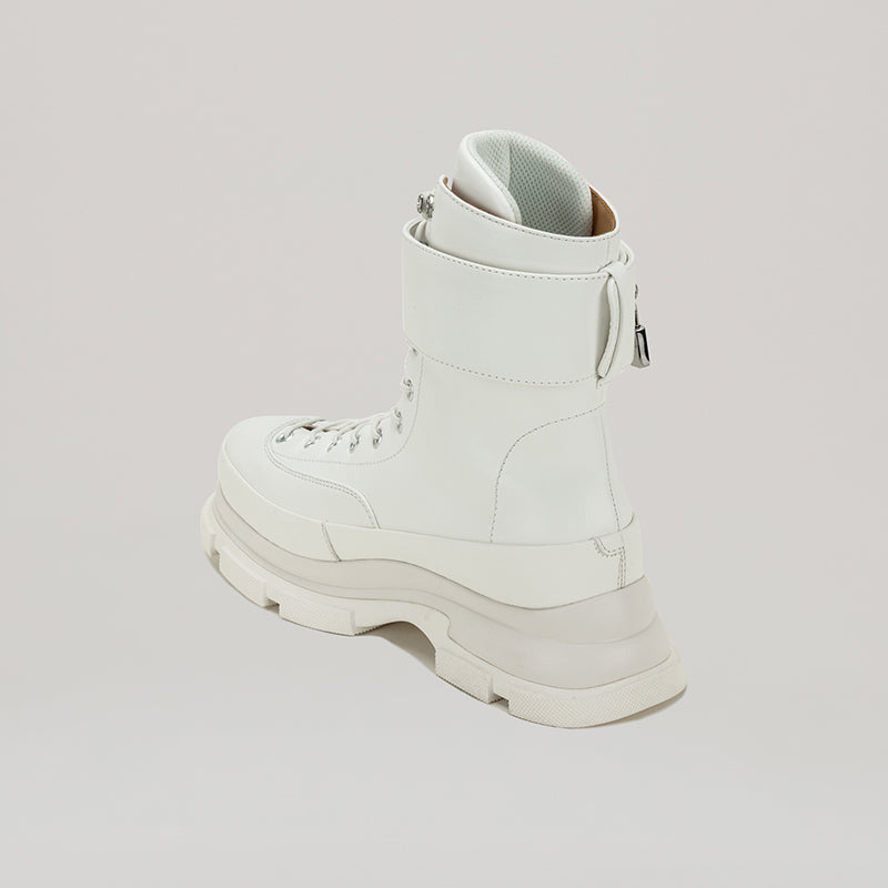 White GAO EVA HIGH BOOTS with detachable strap and padlocks, made of PU pleather for style and comfort