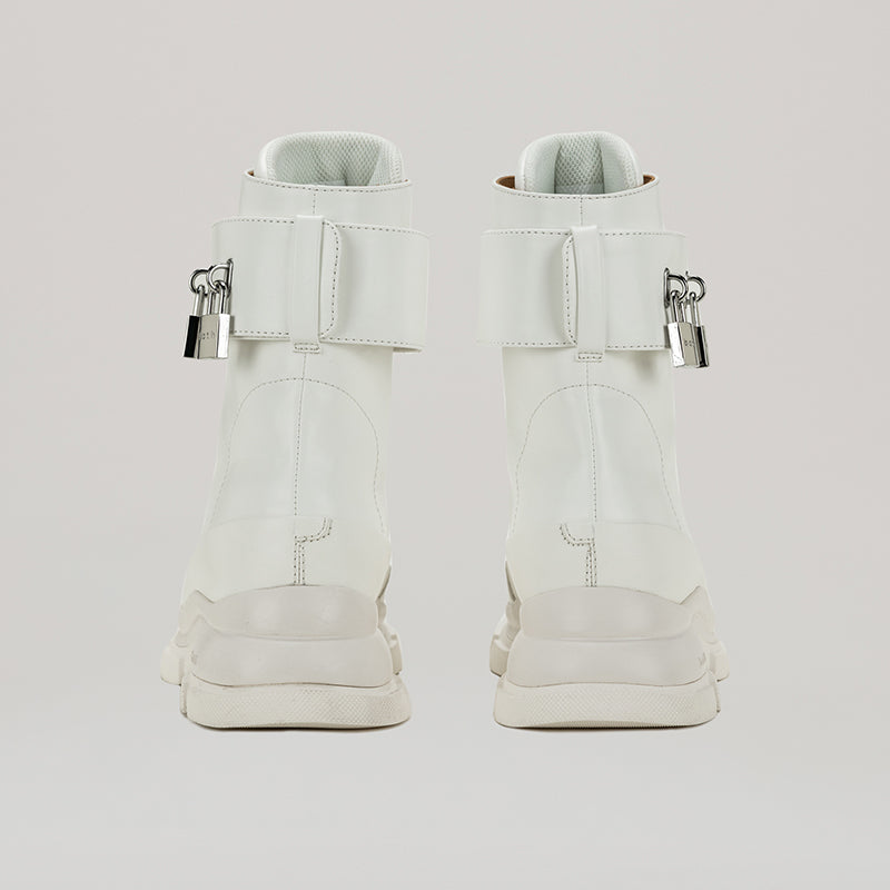 GAO EVA HIGH BOOTS white high boots with detachable strap and padlocks made of PU pleather