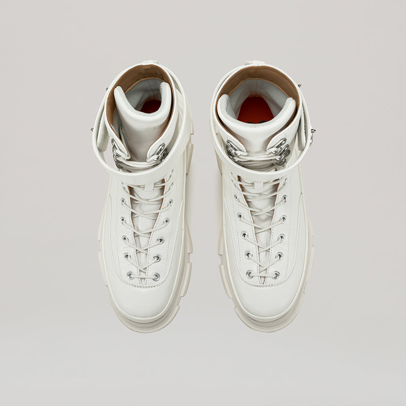 White GAO EVA HIGH BOOTS with detachable strap and padlocks, made of PU pleather for style and comfort