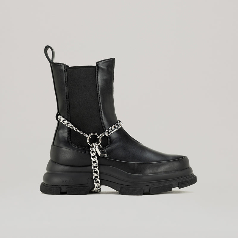 Black GAO EVA HIGH CHELSEA boots with detachable ankle chain and padlock, made of PU pleather and calf leather