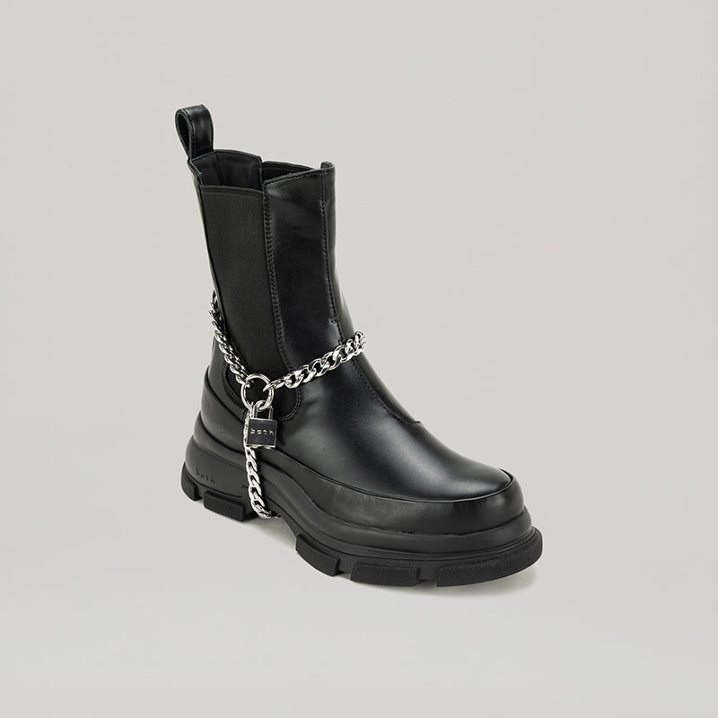 Black GAO EVA HIGH CHELSEA boots with PU pleather, calf leather, and detachable ankle chain with padlock.