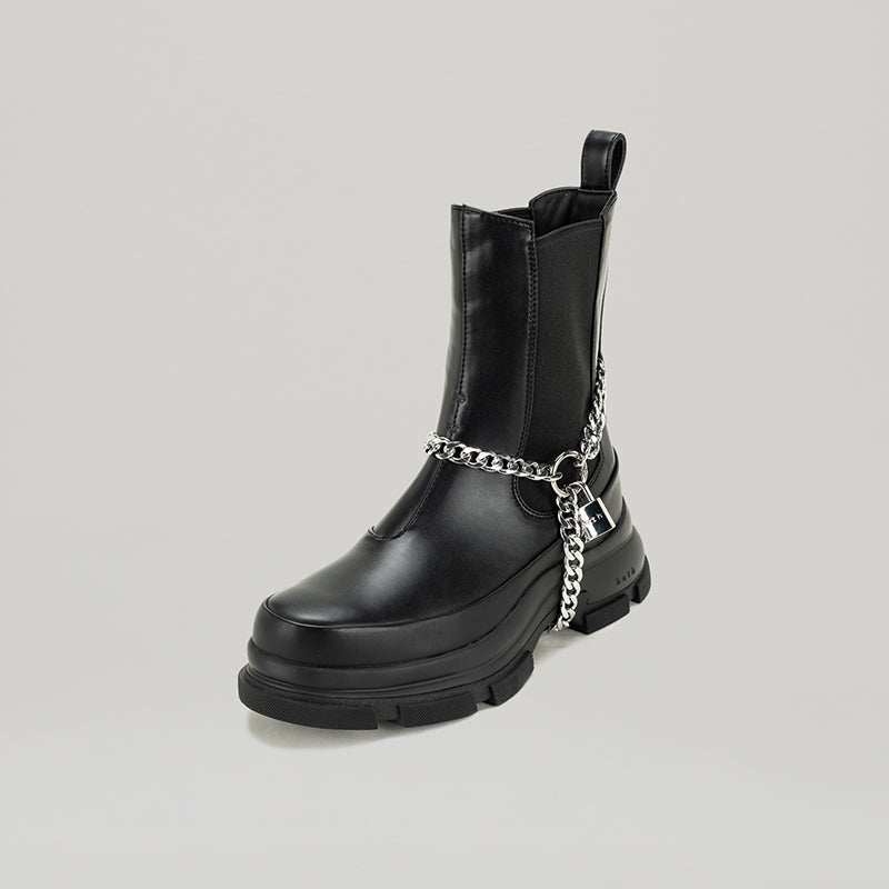 GAO EVA HIGH CHELSEA black boots with detachable ankle chain and padlock in durable PU pleather and calf leather