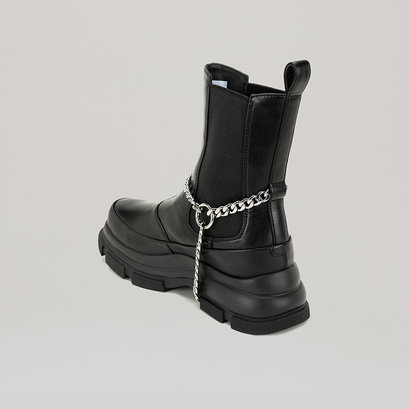 Black GAO EVA HIGH CHELSEA boots with detachable ankle chain and padlock made of PU pleather and calf leather