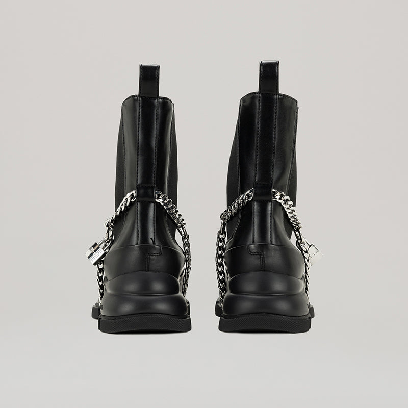 GAO EVA HIGH CHELSEA black chelsea boots with detachable ankle chain and padlock made of PU pleather and calf leather