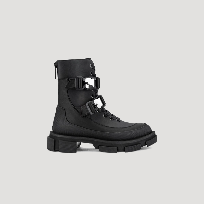 Black GAO HARNESS BOOTS with PU and calf leather upper, back-zip, shoelace, and metal buckle locks