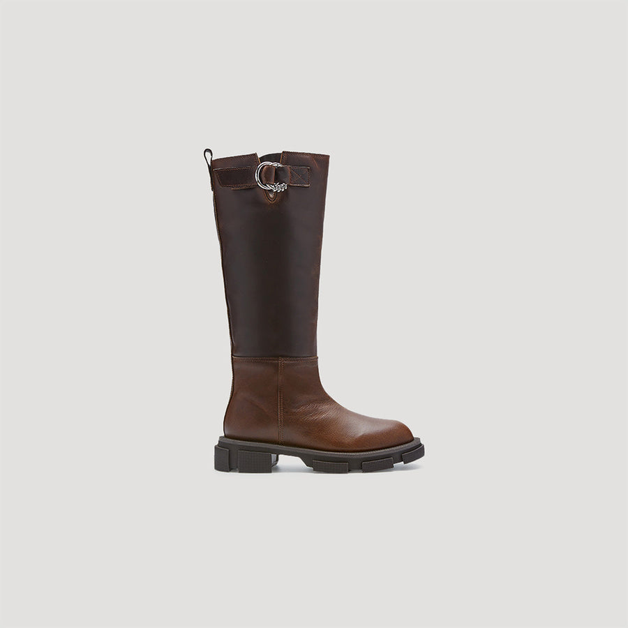 GAO Pierced Knee Boot in brown with silver ring and signature outsole
