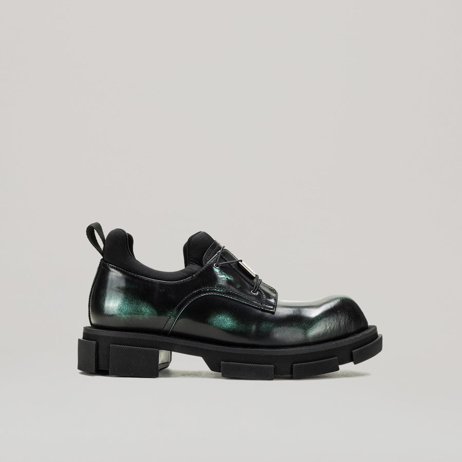 GAO METAL LOGO DERBY black oxi green two-tone calf leather shoes with metal logo plate