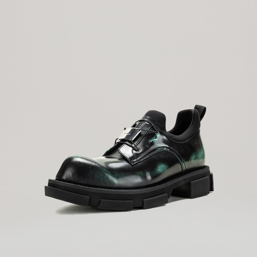 GAO METAL LOGO DERBY black and oxi green two-tone calf leather shoes with metal logo plate