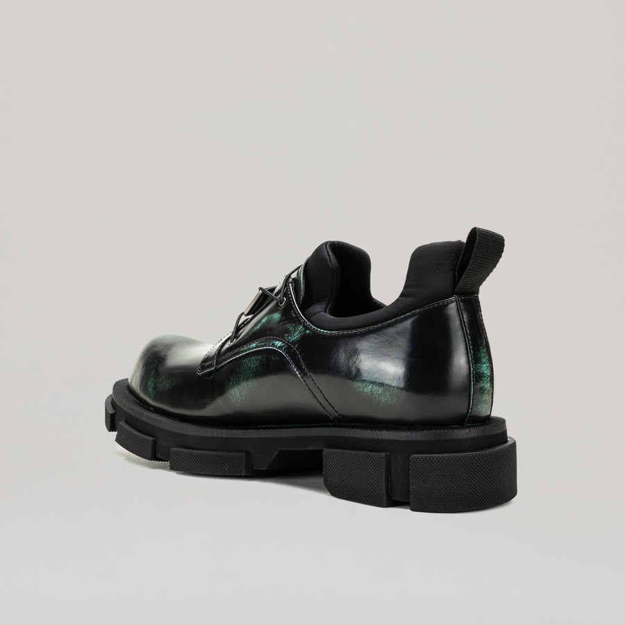 Black and oxi green GAO METAL LOGO DERBY shoes with two-tone calf leather and metal logo plate