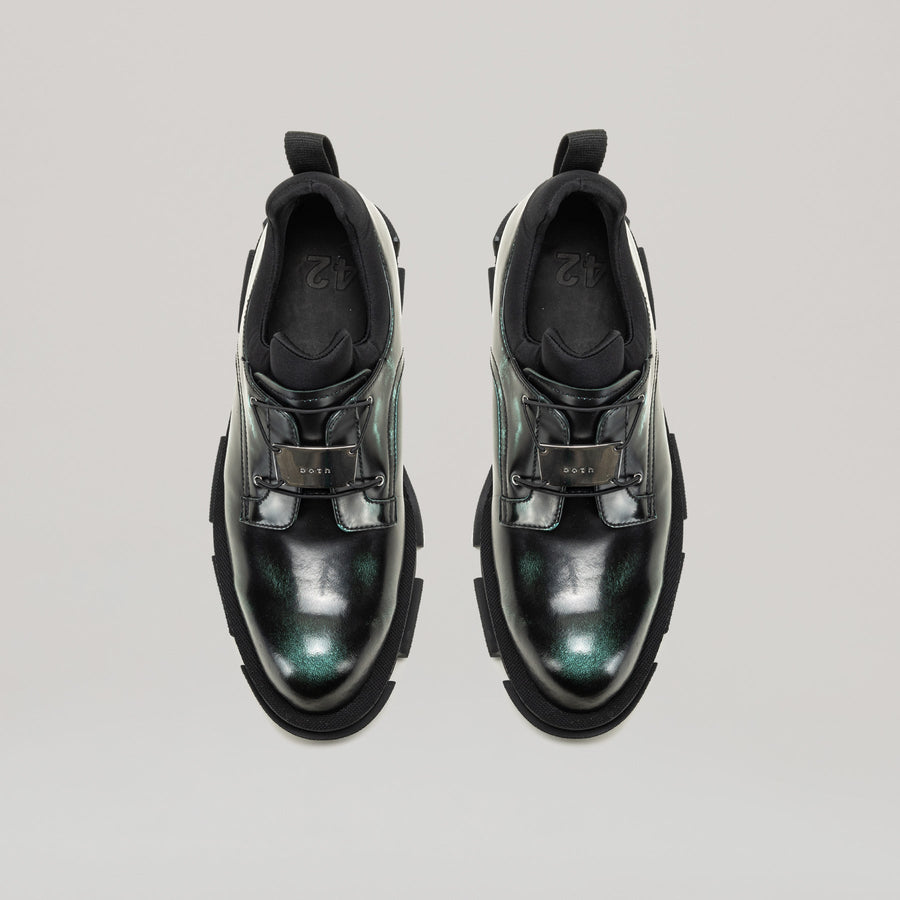 Black and oxi green GAO METAL LOGO DERBY shoes with metal logo plate and two-tone calf leather