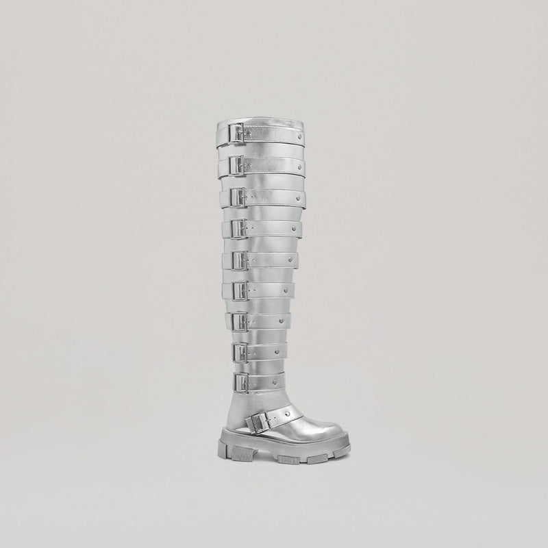 Jeanne Friot GAO PLATFORM THIGH HIGH BOOTS in silver with belt detail and sustainable materials