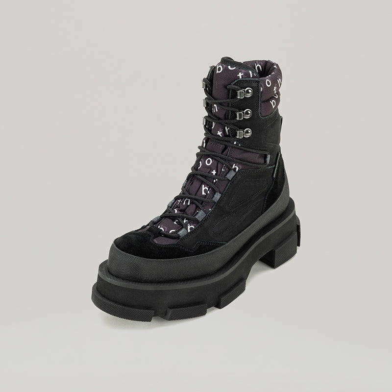 Black GAO PLATFORM MOUNTAIN BOOT with nubuck and canvas upper and mountain clips