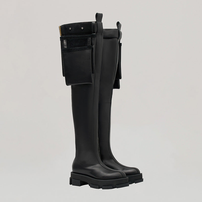 both x DION LEE-GAO PLATFORM THIGH-HIGH BOOT WITH TOOLBELT - BLACK/BLACK