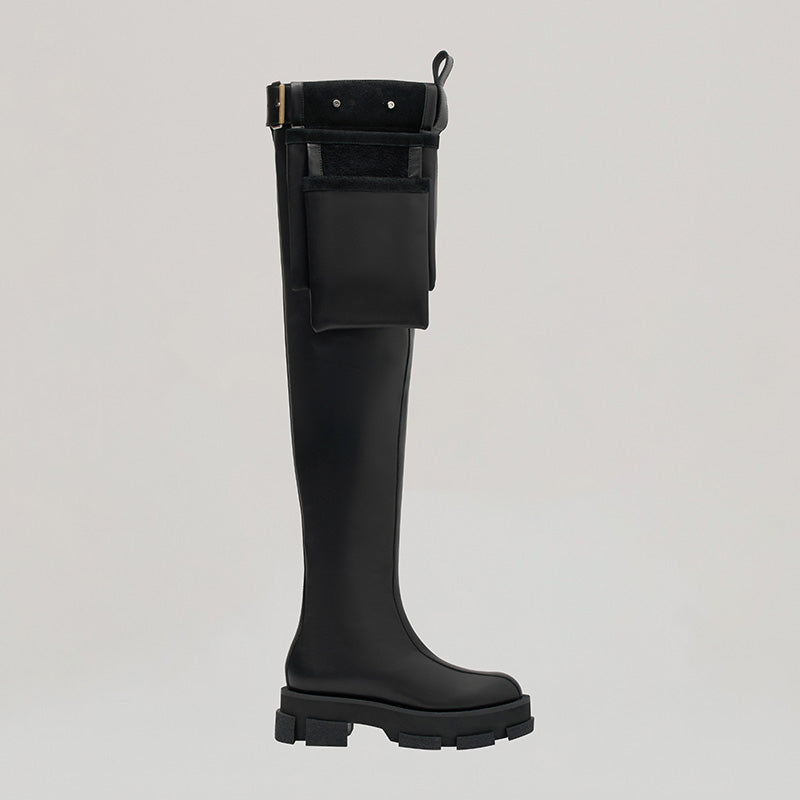 both x DION LEE-GAO black platform thigh-high boots with toolbelt detail