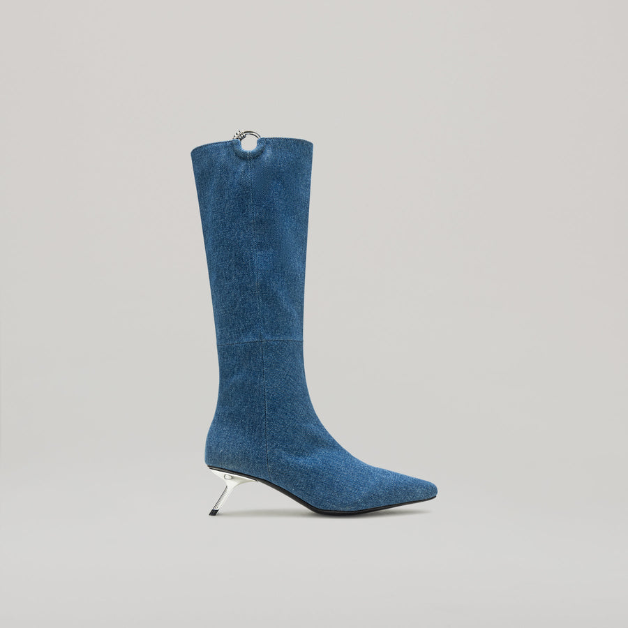 Blue-denim kitten heeled pierced knee boot with silver heel and leather insole