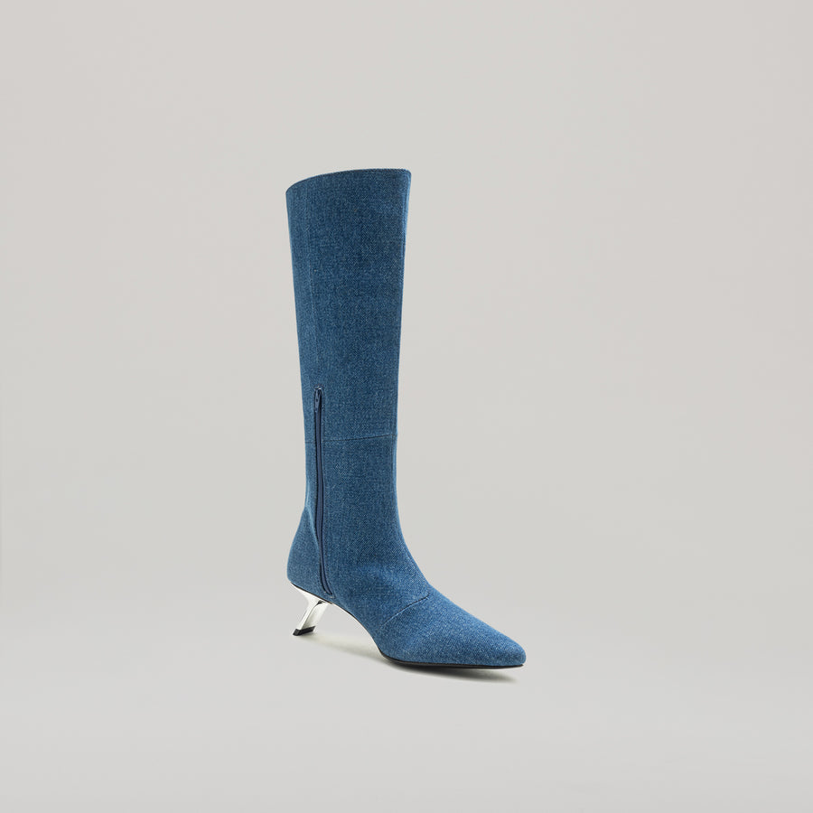 KITTEN HEELED PIERCED KNEE BOOT - BLUE-DENIM/SILVER