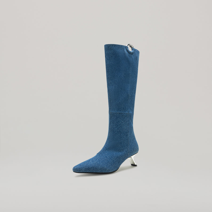 KITTEN HEELED PIERCED KNEE BOOT - BLUE-DENIM/SILVER