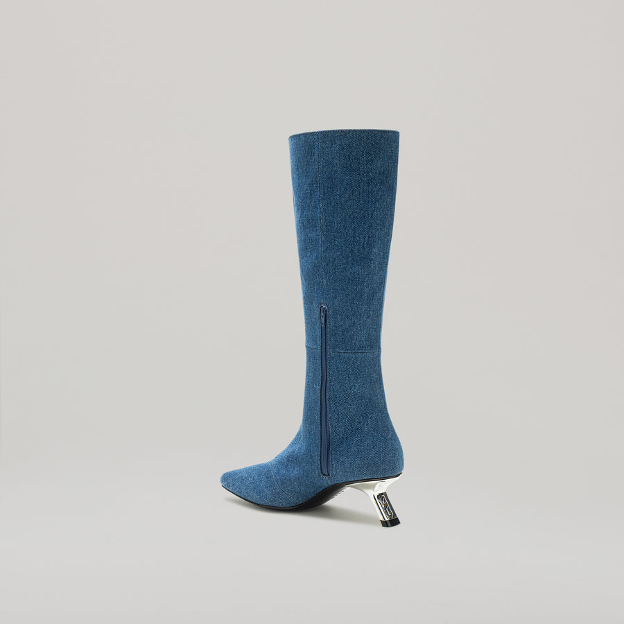 KITTEN HEELED PIERCED KNEE BOOT - BLUE-DENIM/SILVER