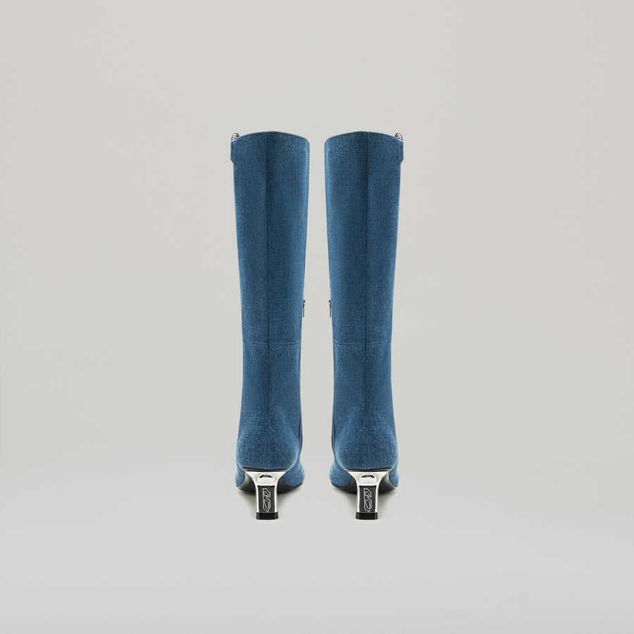 KITTEN HEELED PIERCED KNEE BOOT - BLUE-DENIM/SILVER