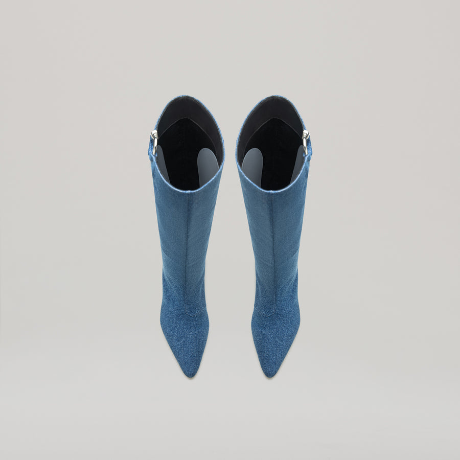 KITTEN HEELED PIERCED KNEE BOOT - BLUE-DENIM/SILVER