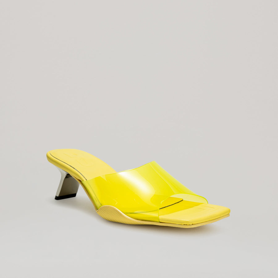 Yellow 40MM kitten heeled PVC mules with semi-transparent upper and diagonal metal heel
