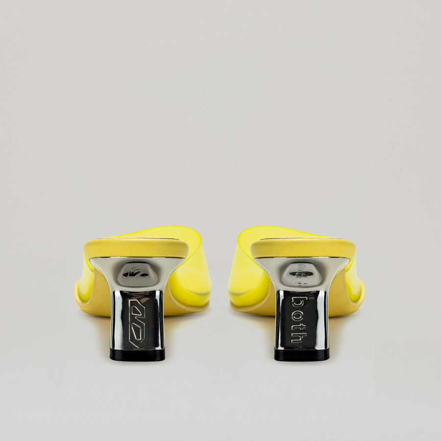 Yellow 40MM kitten heeled PVC mules with semi-transparent upper and diagonal metal heel