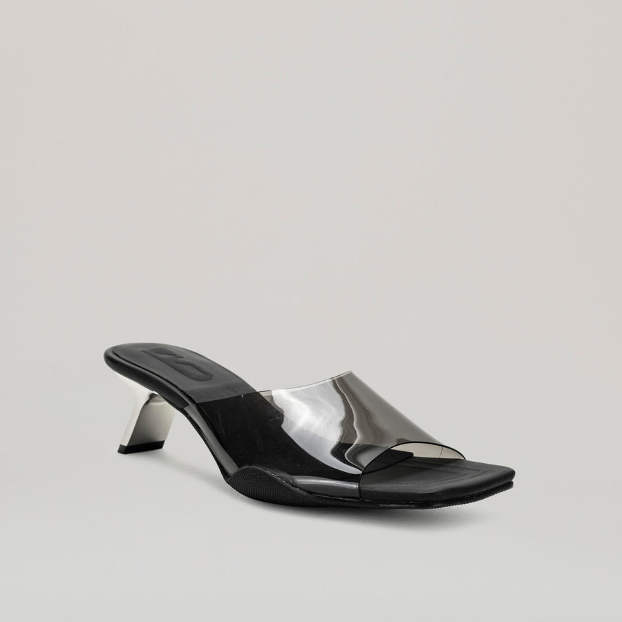 both - 40MM KITTEN HEELED PVC black mules with semi-transparent upper and metal heel