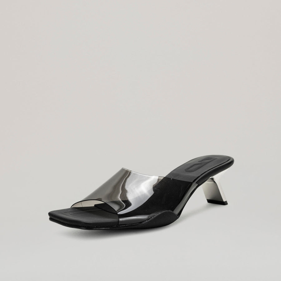 both 40MM kitten heeled black PVC mules with semi-transparent upper and diagonal metal heel