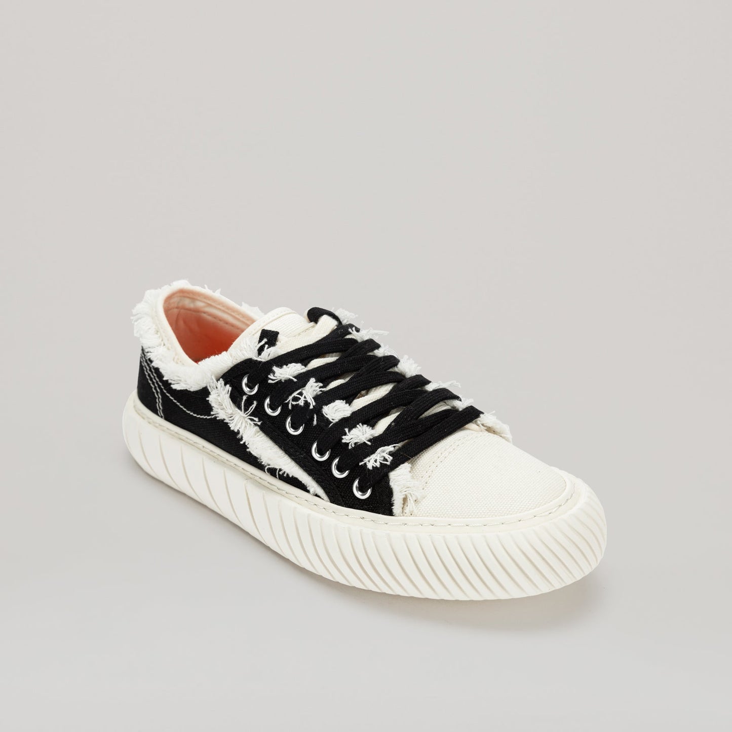 both - FORMULA LOW black canvas sneaker with white fringe hem and durable EVA rubber sole