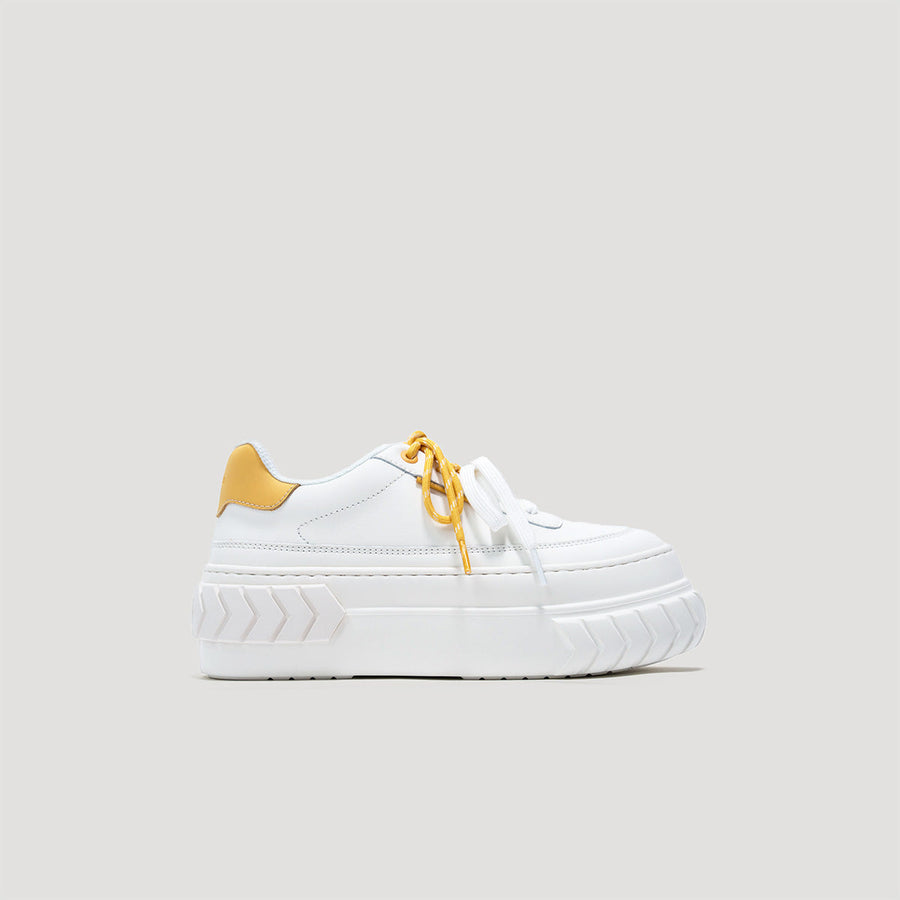 TYRES Platform Signature Sneaker in white and yellow with multi-lace system and cushioned platform