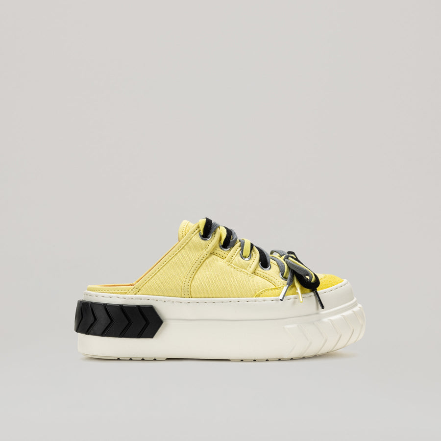 Black and yellow TYRES PLATFORM MULTI-LACED MULES with platform sole and pleather upper