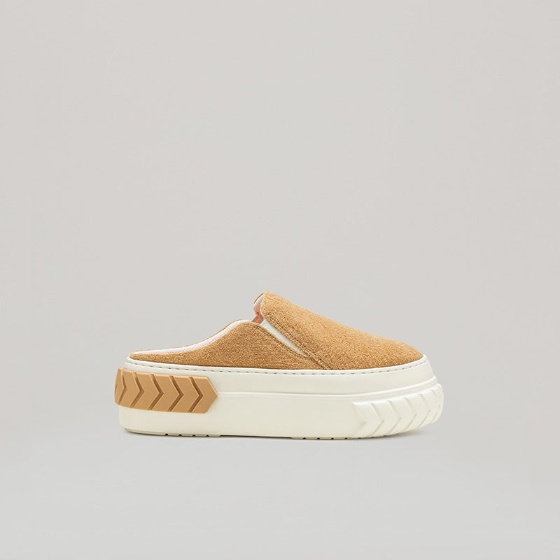 White and khaki TYRES PLATFORM mules with pleather upper and comfortable platform design