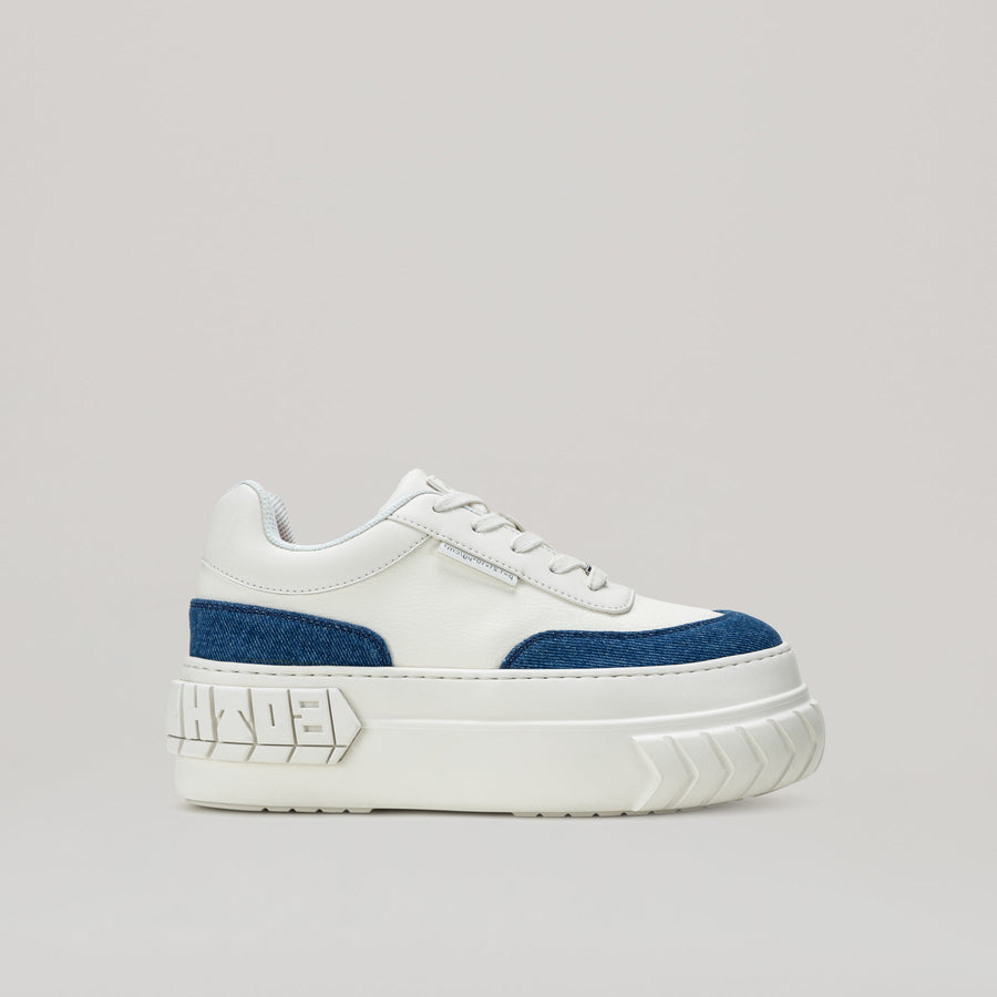 TYRES platform sneaker in denim and white with unique platform sole