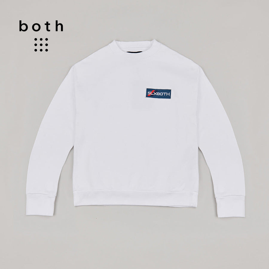 both X SECOND LAYER white crewneck sweatshirt front view with logo