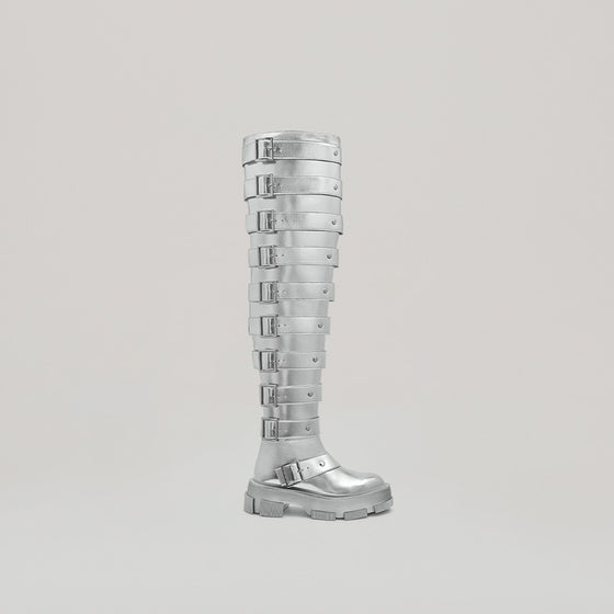 both X Jeanne Friot GAO PLATFORM THIGH HIGH BOOTS-SILVER