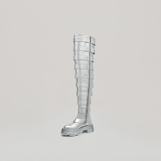 both X Jeanne Friot GAO PLATFORM THIGH HIGH BOOTS-SILVER