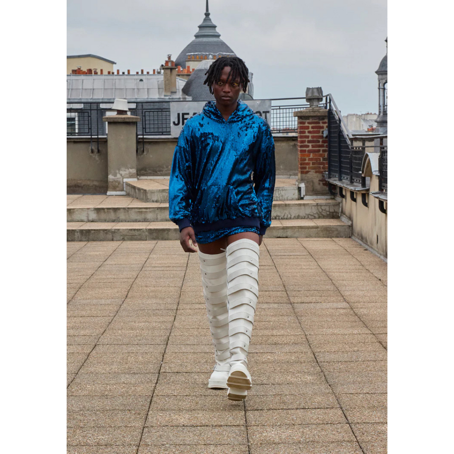 both X Jeanne Friot GAO platform white thigh high boots with natural rubber sole and recycled plastic design