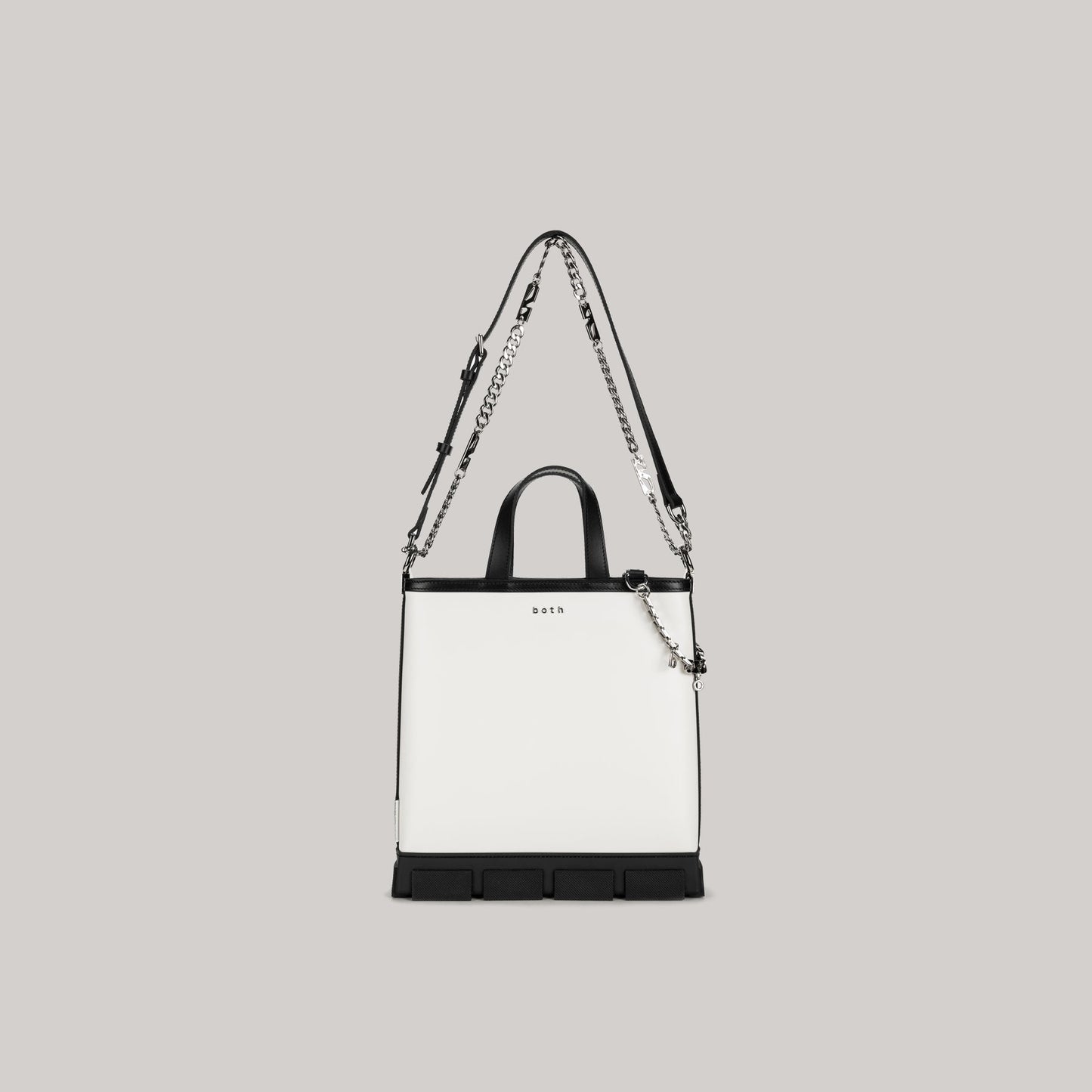 both GAO MINI TOTE BAG white and black with detachable shoulder strap and chain detail