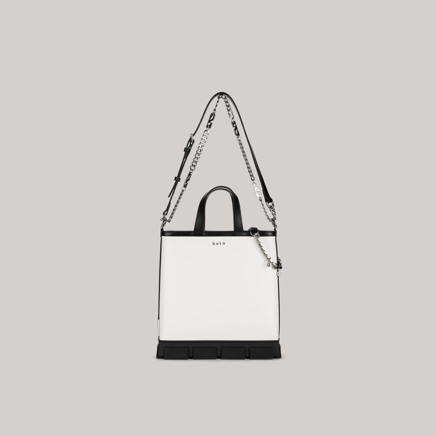 both GAO MINI TOTE BAG white and black with detachable shoulder strap and chain detail