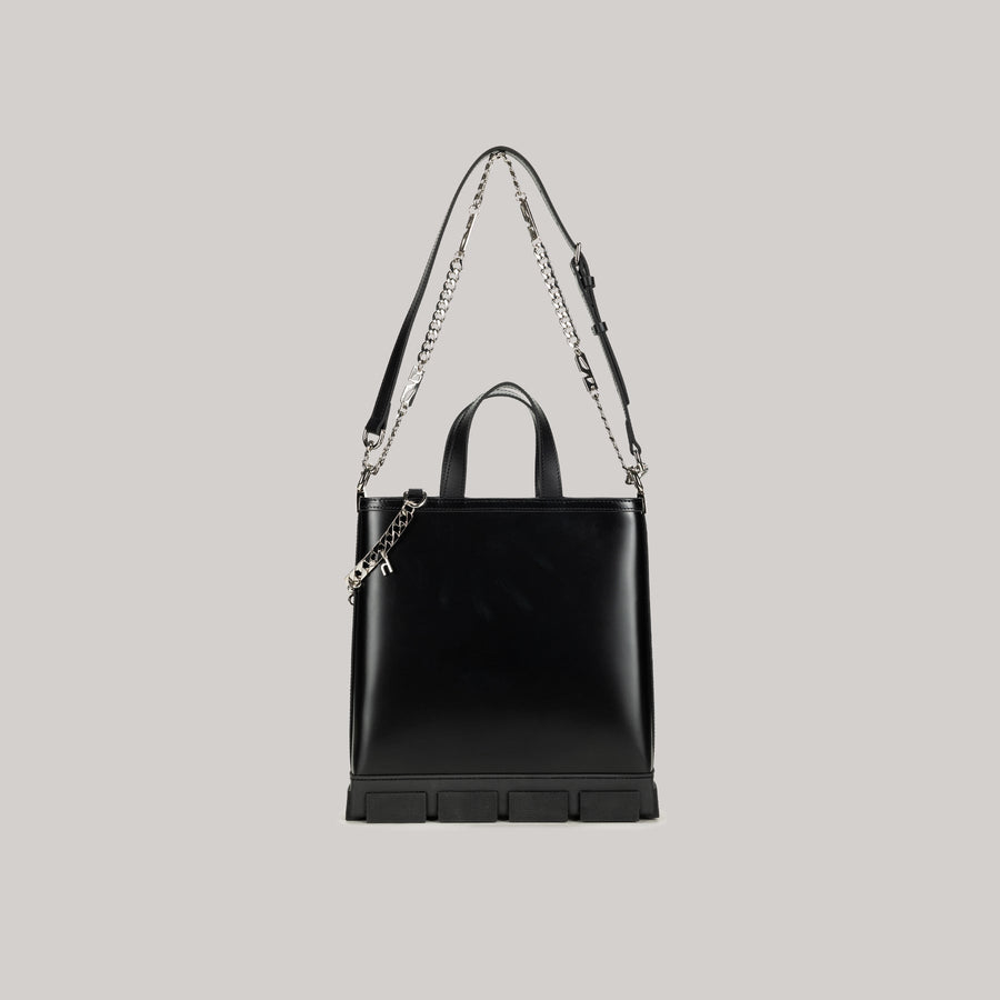 both GAO MINI TOTE BAG black leather with detachable shoulder strap and chain detail