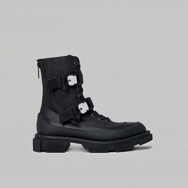 Black GAO HARNESS BOOTS with PU and calf leather, back zipper, laces, and dual metal buckle straps for secure fit and durability