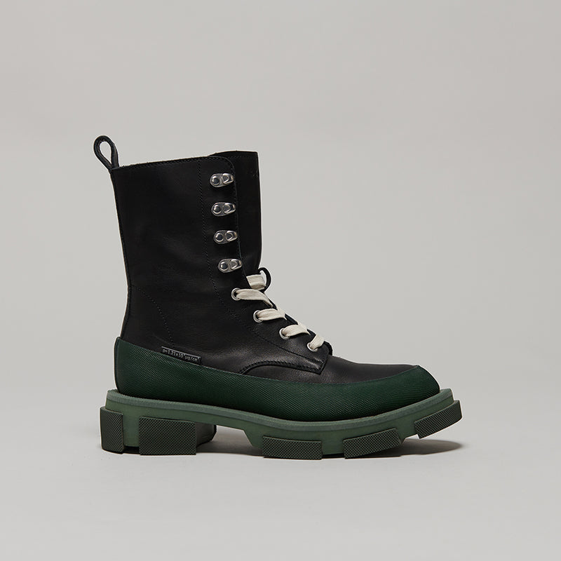 X MONSE GAO high boots in army green and black with durable sole and lace-up design