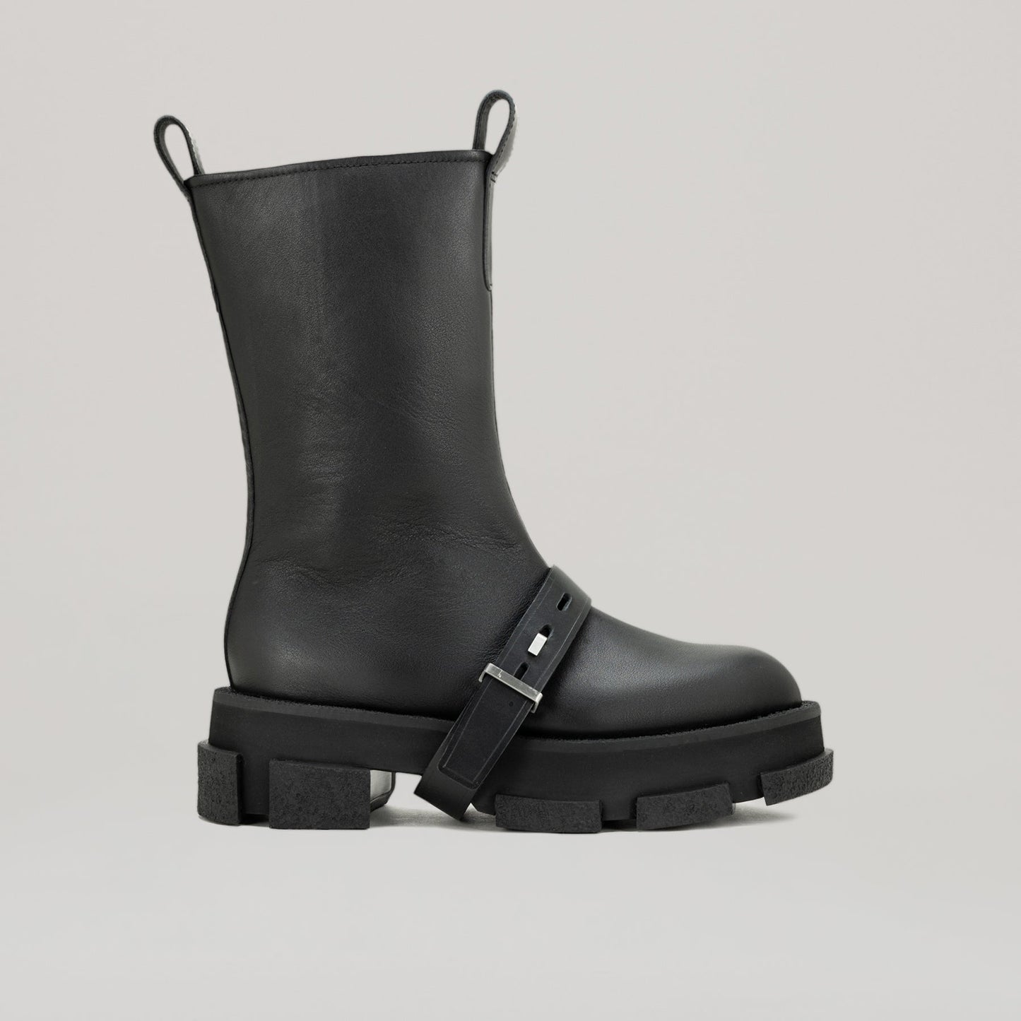 Black both x DION LEE-GAO platform work boot with chunky sole and buckle detail