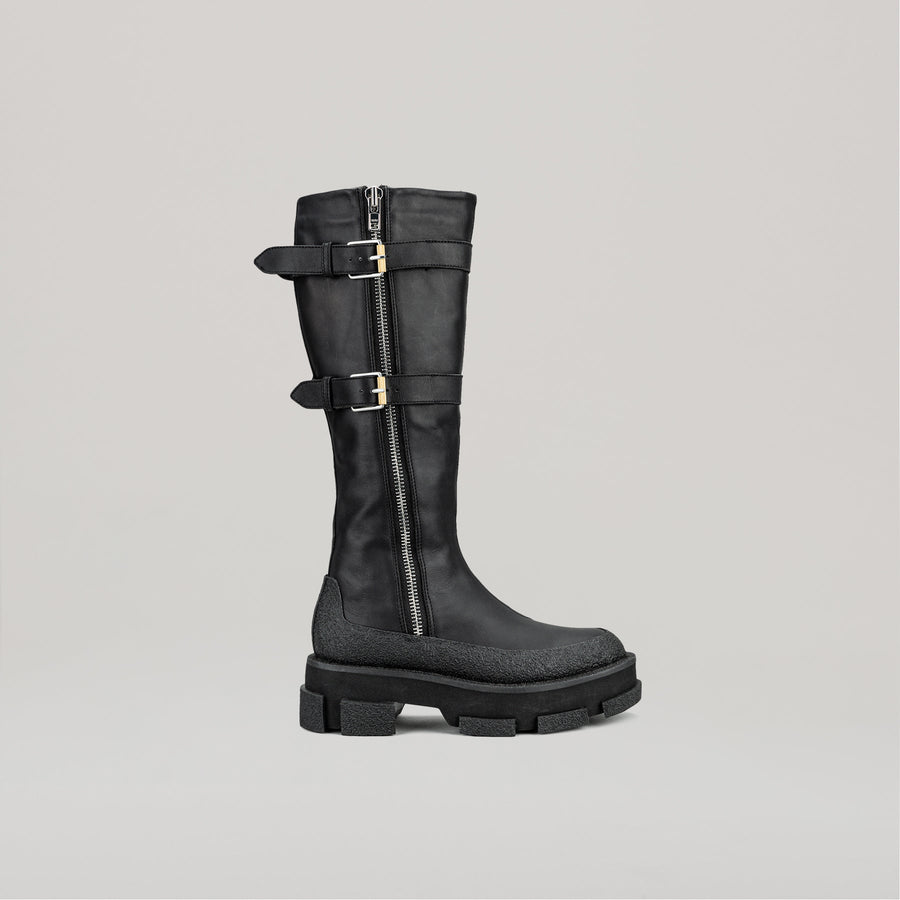 both X DION LEE GAO black platform knee-high boot with buckle straps and chunky sole